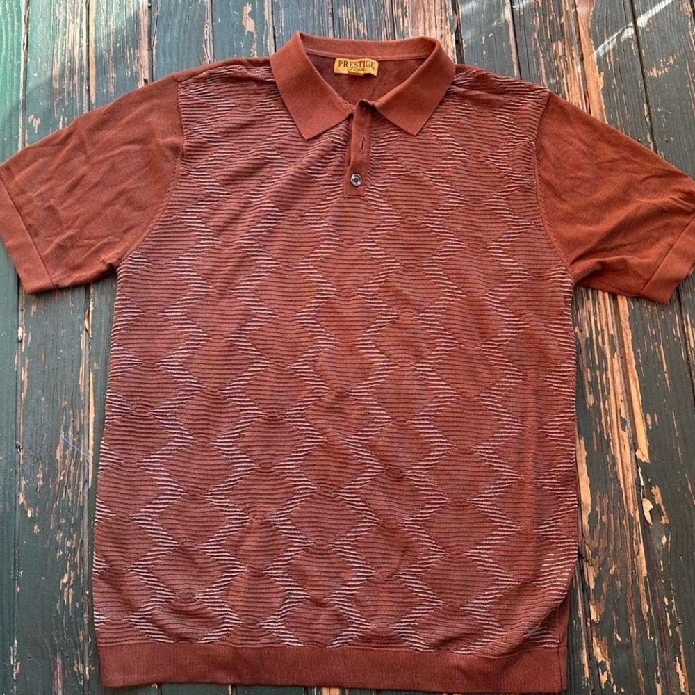 Prestige brown polo shirt with a unique pattern vtg mens xl